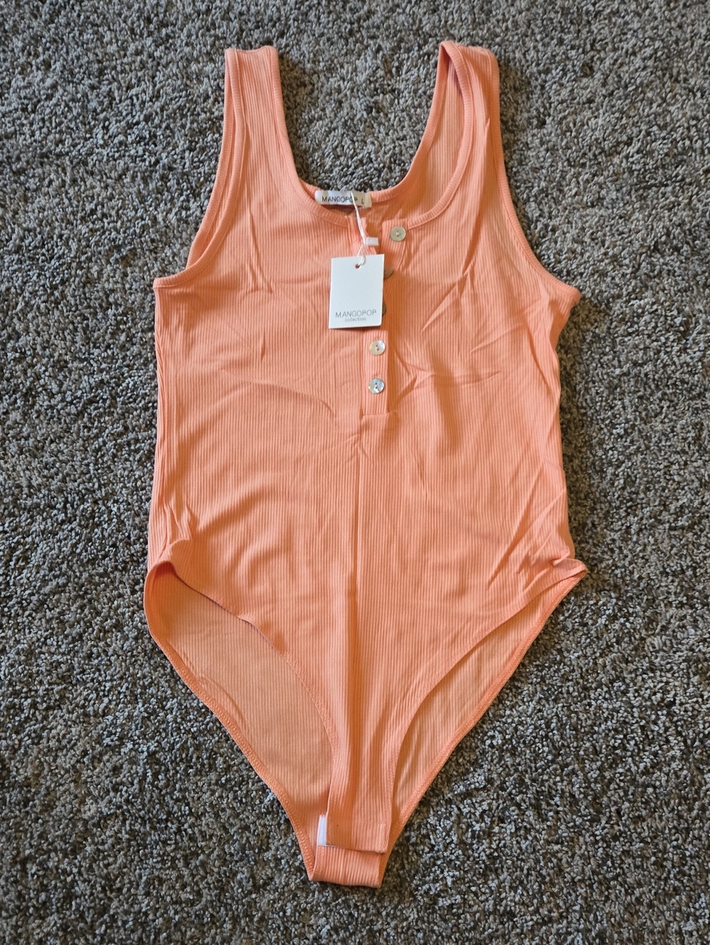 MANGO Peach Ribbed Tank Bodysuit with Button Placket